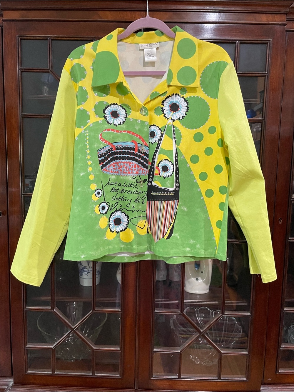 Unique Green & Yellow Graphic Statement Jean Jacket by Great Cavalier Large